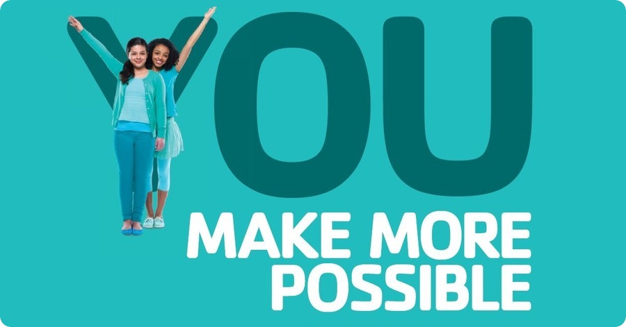 Two children with green and white text 'you make more possible'